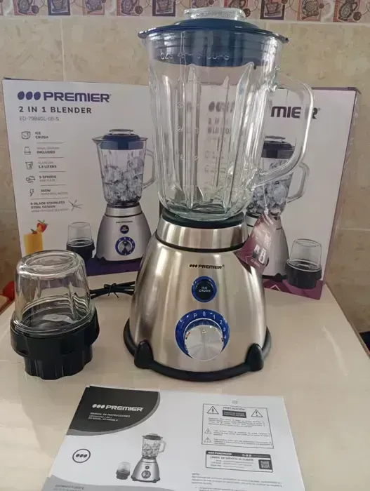 LICUADORA PREMIER DE 1.5 LITROS 2 EN 1, JARRA Y PICADOR DE ALIMENTOS DE CRISTAL